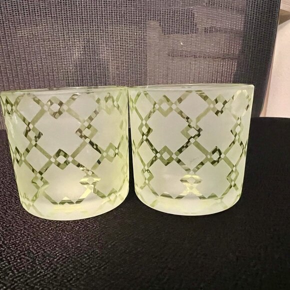 NWT - 2 Green geometric pattern tea light candleholders with tea lights - Picture 1 of 9